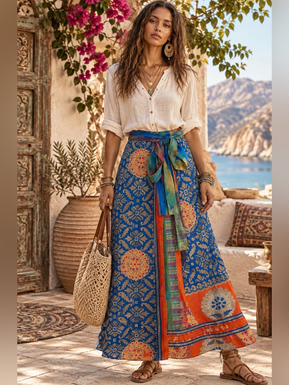 Boho Blue Floral Maxi Skirt with Multicolor Sash